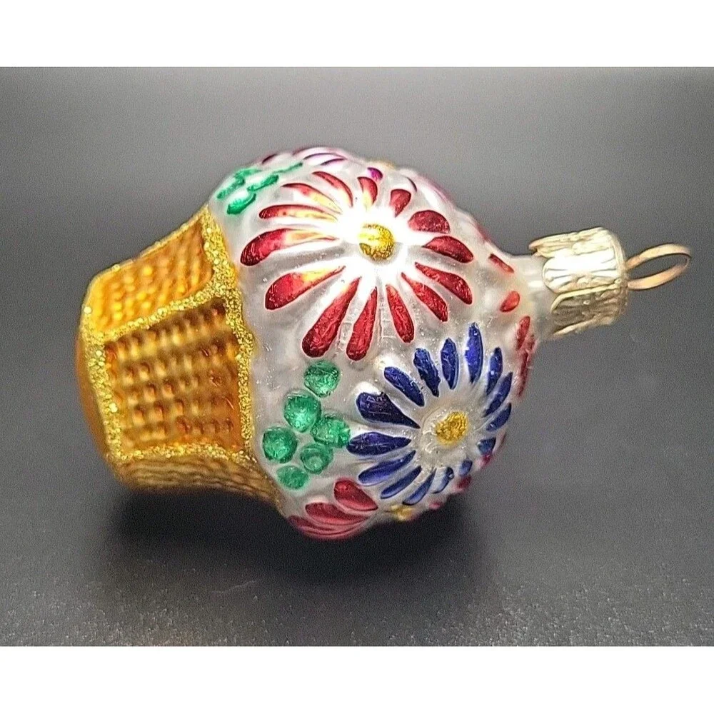 Vintage Czech Republic Blown Glass Flower Basket Christmas Ornament Mini 2.5”